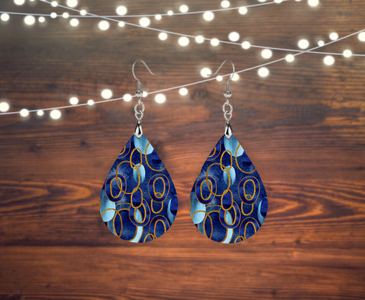 Cobalt Blue Links Abstract Tear Drop Dangle Printed Earrings Jewelry Handmade