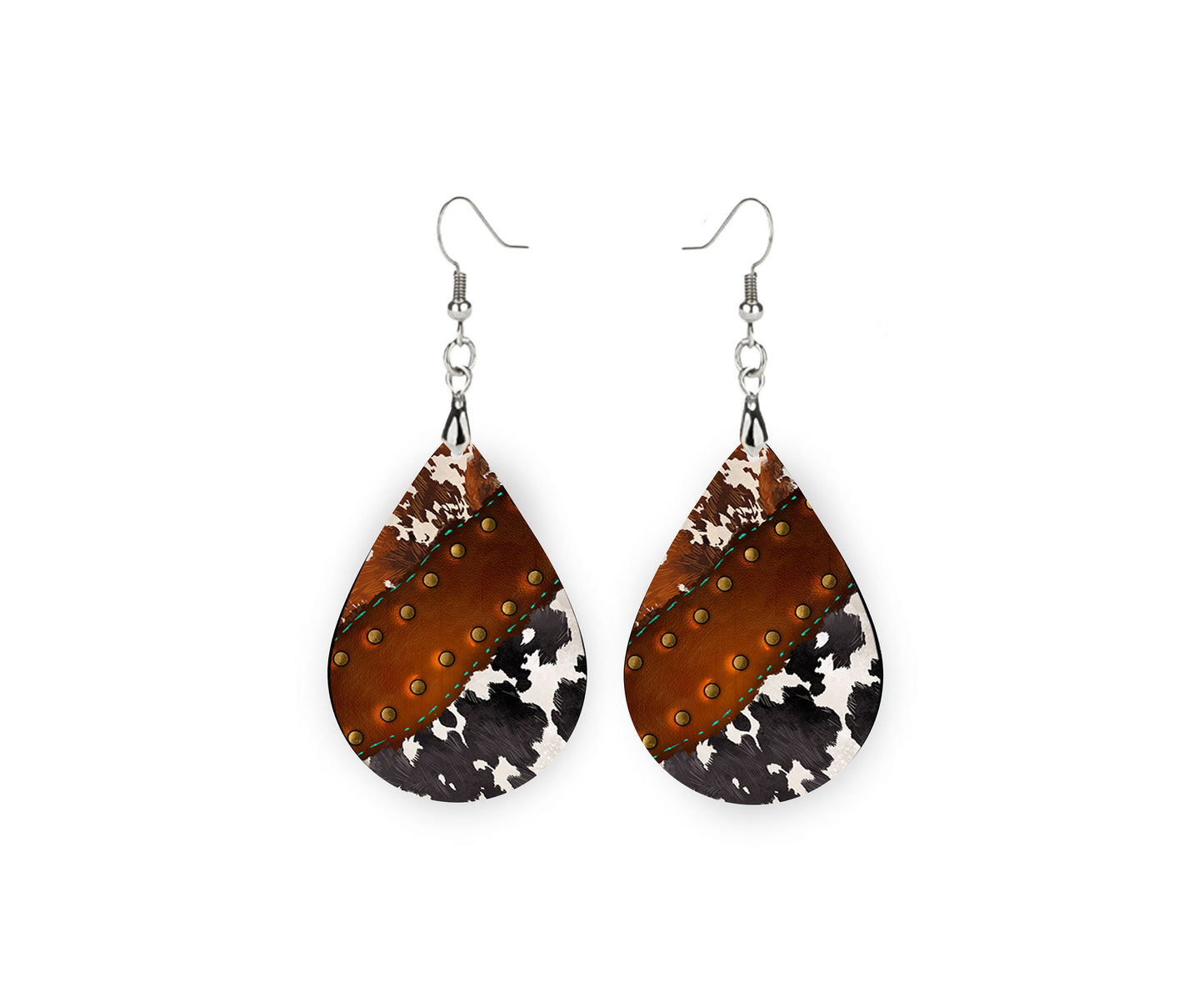 Cowhide and Leather Look Western Tear Drop Dangle Printed Earrings Jewelry Handmade