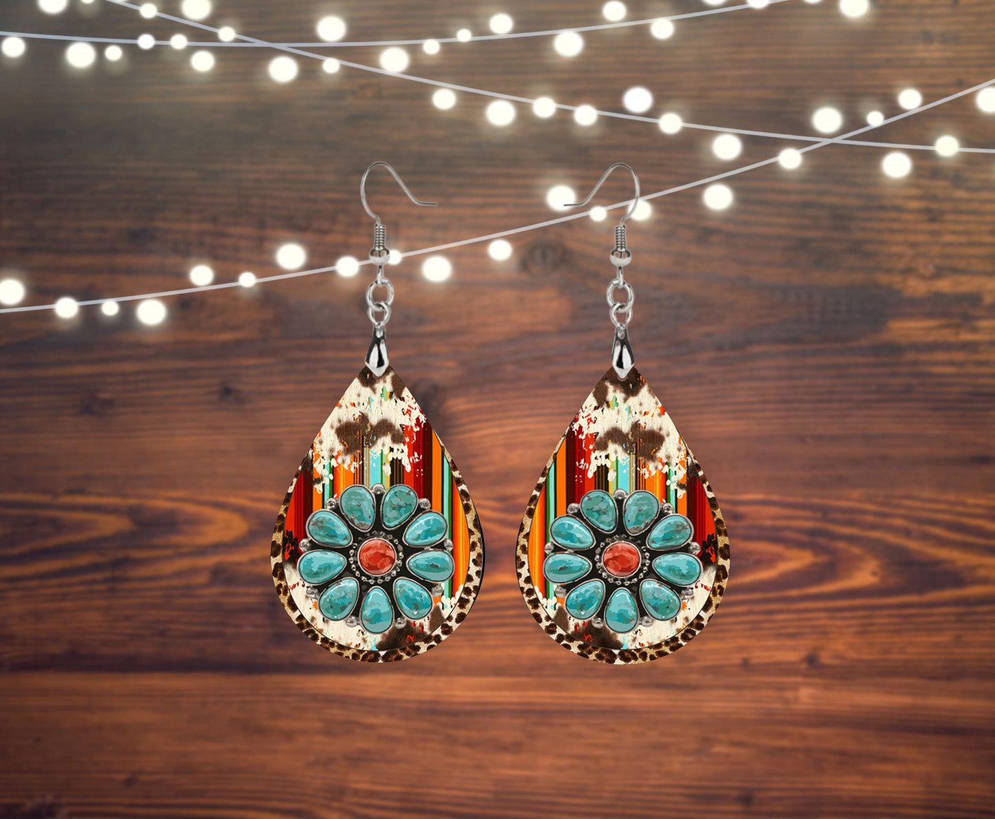 Cowhide and Turquoise Look Western Tear Drop Dangle Printed Earrings Jewelry Handmade