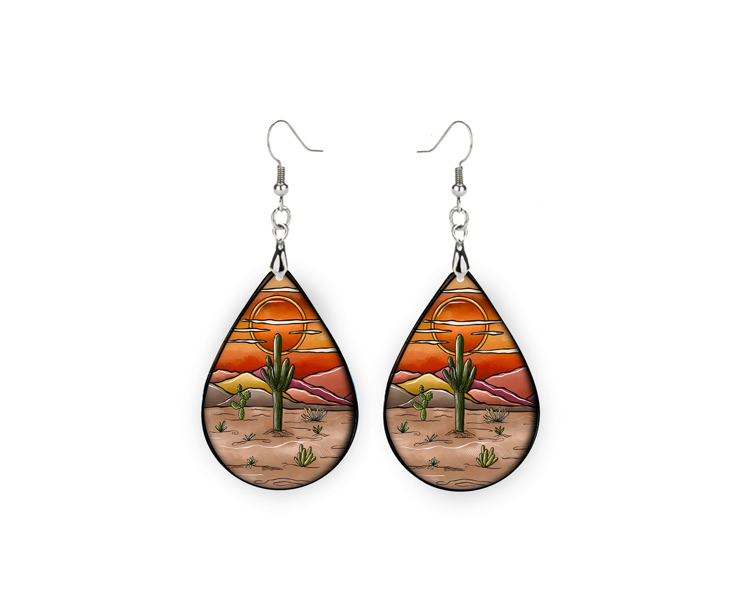 Desert Sunset Cactus Southwest Look Western Tear Drop Dangle Printed Earrings Jewelry Handmade