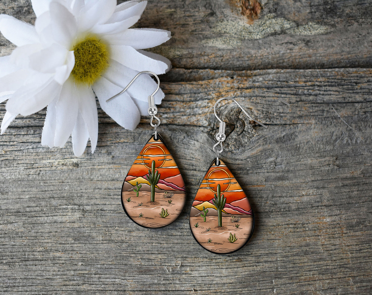 Desert Sunset Cactus Southwest Look Western Tear Drop Dangle Printed Earrings Jewelry Handmade