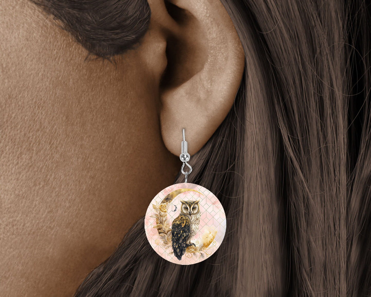 Celestial Owl on Moon Round Printed Wood Earrings Jewelry