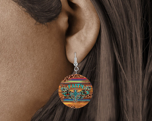 Faith Wings Western Round Printed Wood Earrings Jewelry