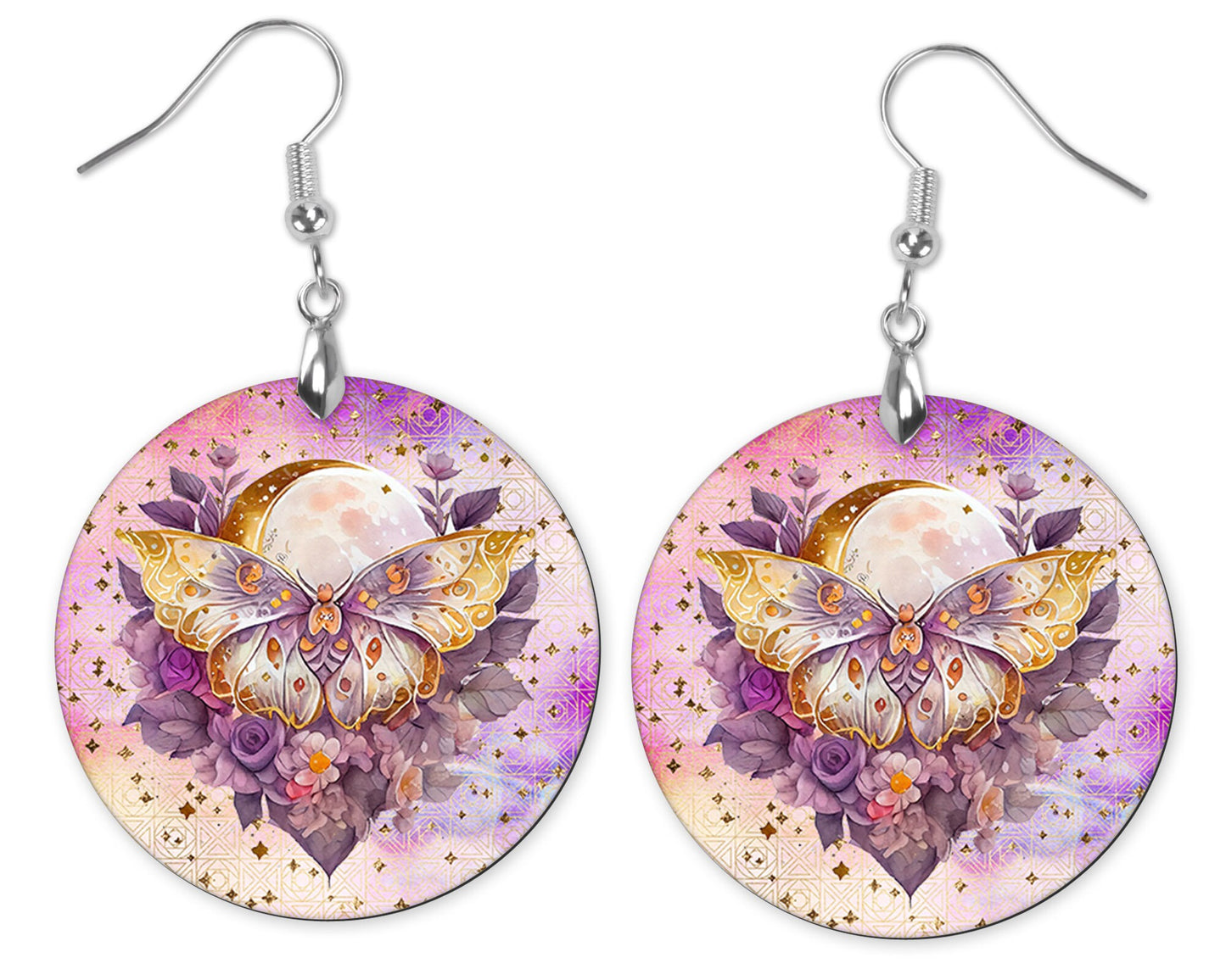 Mystical Moth Round Printed Wood Earrings Jewelry