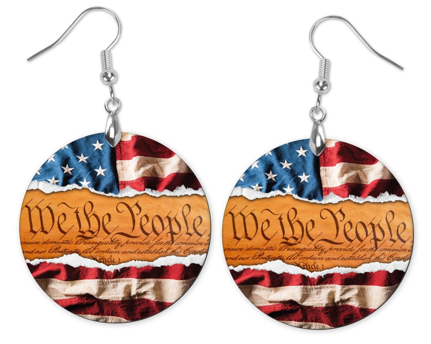 We the People Constitution American Flag Round Printed Wood Dangle Earrings Jewelry