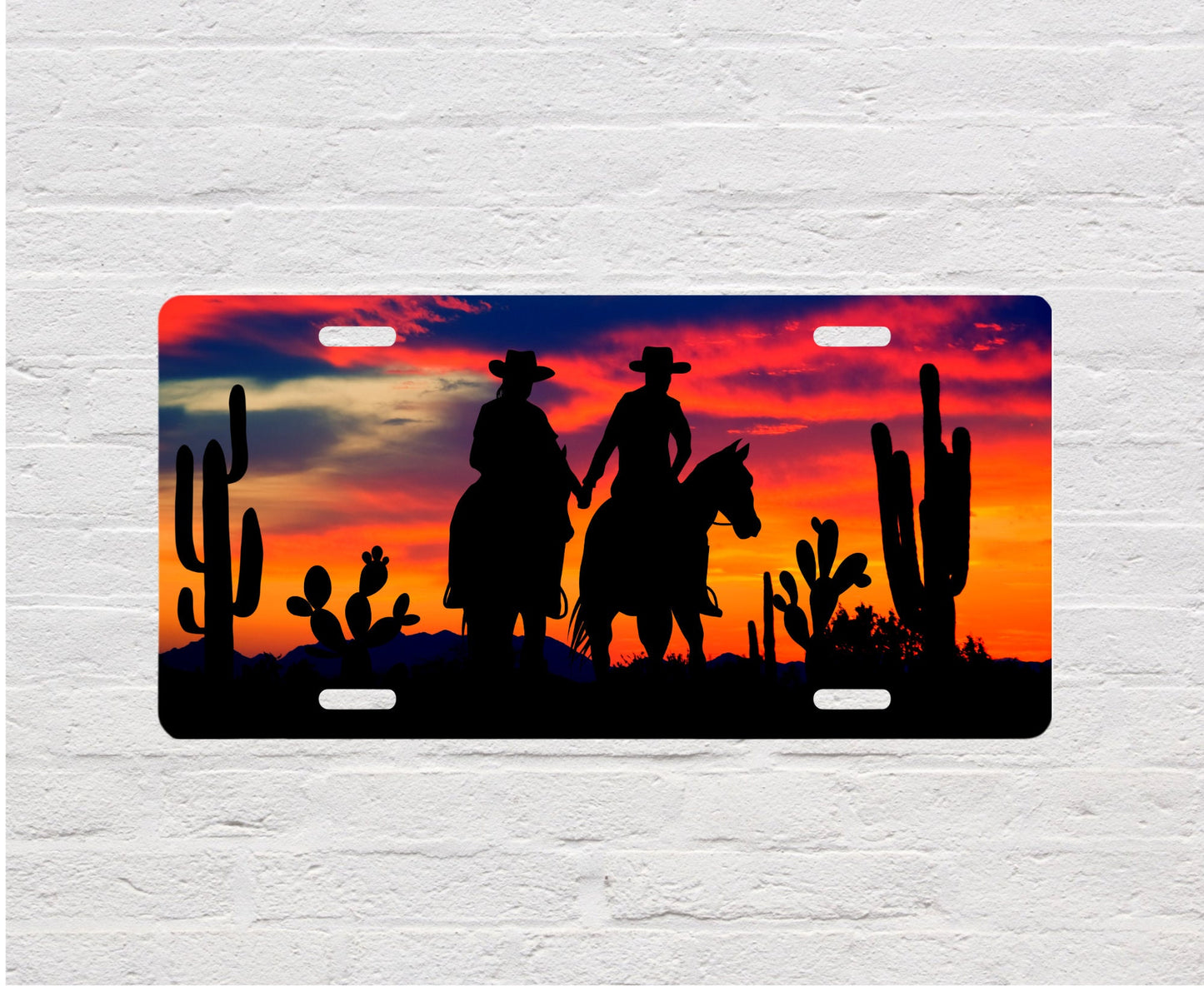 Cowboy Couple Sunset Western Aluminum Front License Plate Vanity Plate