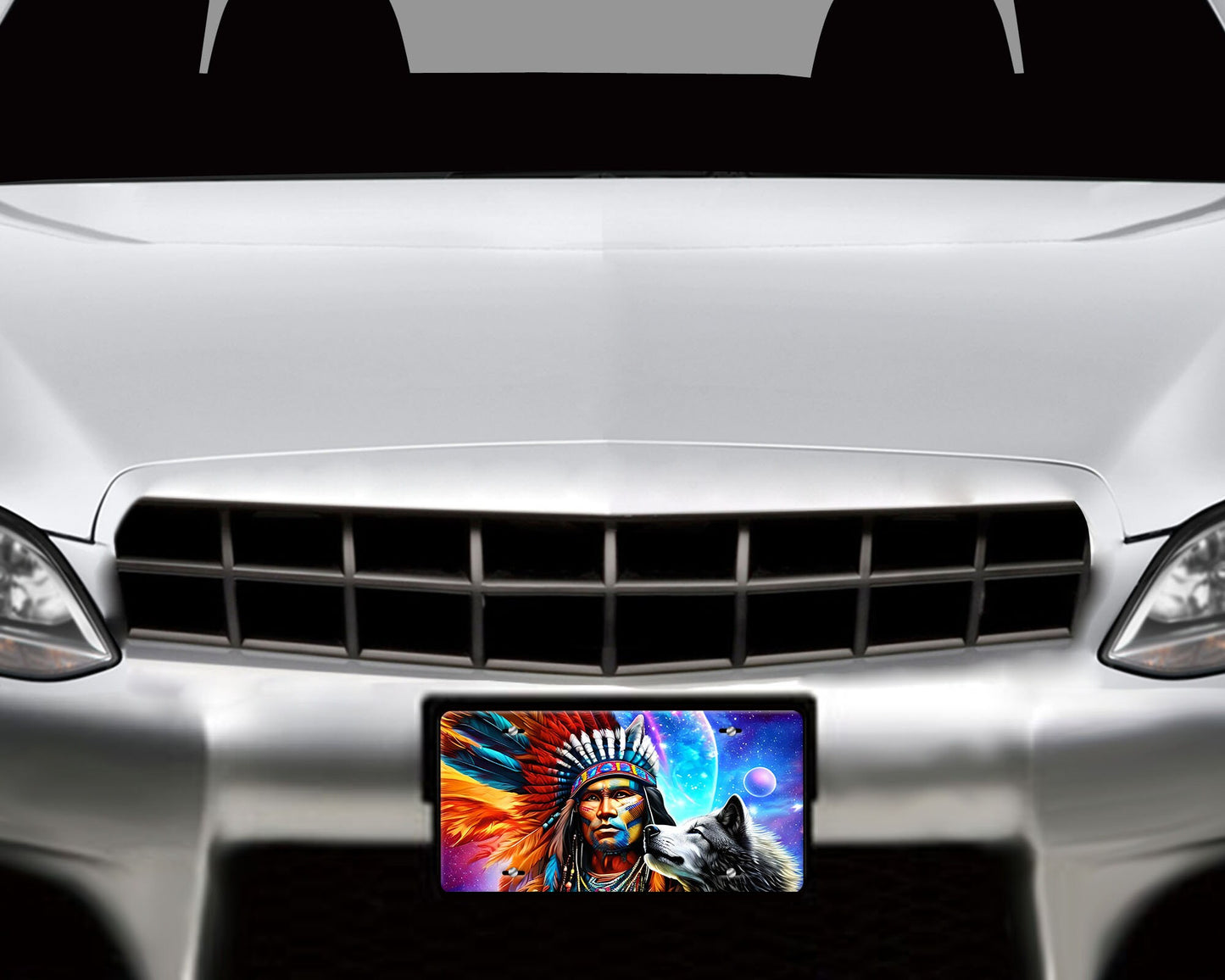 Native American Chief and Wolf Aluminum Front License Plate Vanity Plate