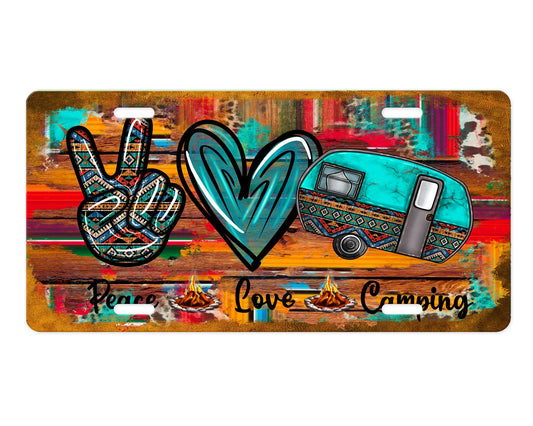 Western Peace Love Camping Aluminum Front License Plate Vanity Plate