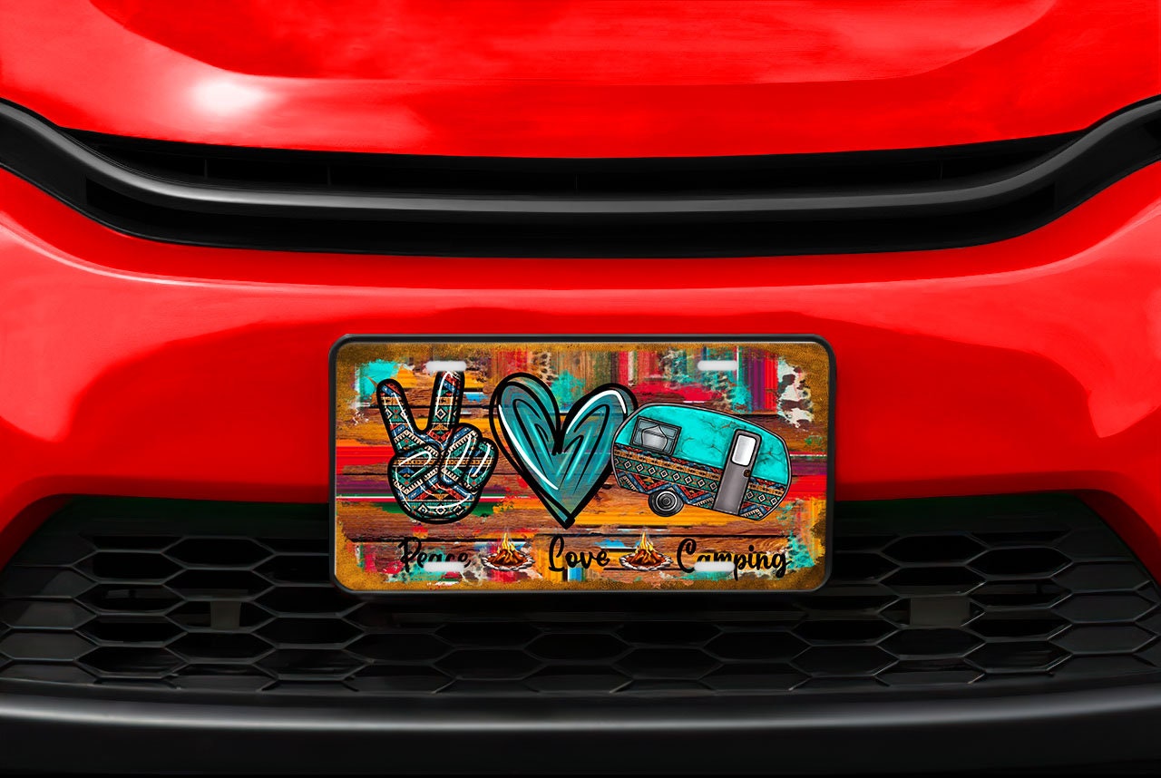 Western Peace Love Camping Aluminum Front License Plate Vanity Plate