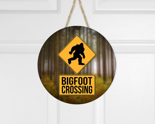 Bigfoot Crossing Round Printed Handmade Wood Sign