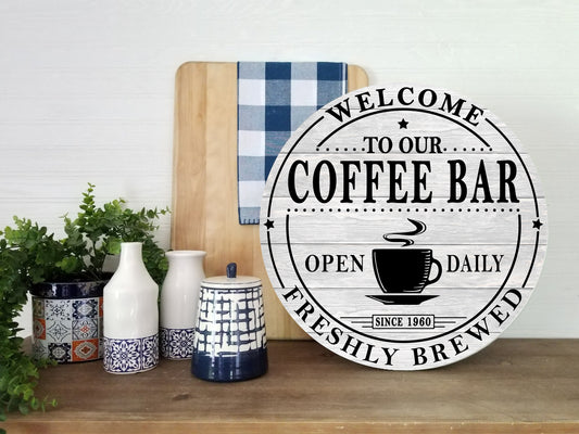 Coffee Bar Round Printed Handmade Wood Sign Door Hanger Welcome Sign