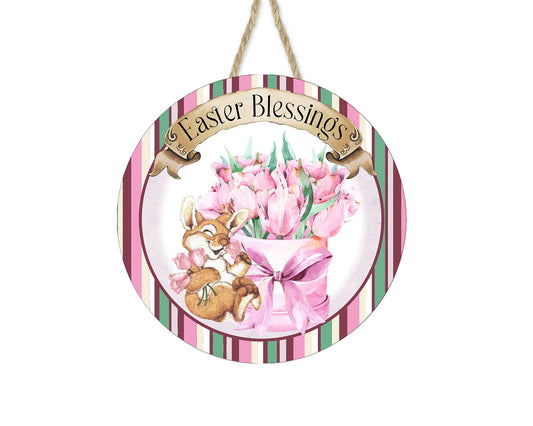 Easter Blessings Bunny Round Printed Handmade Wood Sign Door Hanger