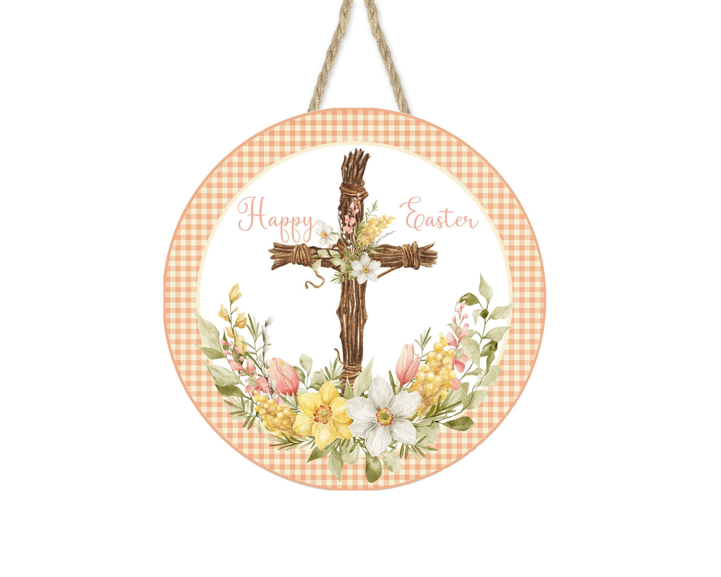 Happy Easter Cross Round Printed Handmade Wood Sign Door Hanger