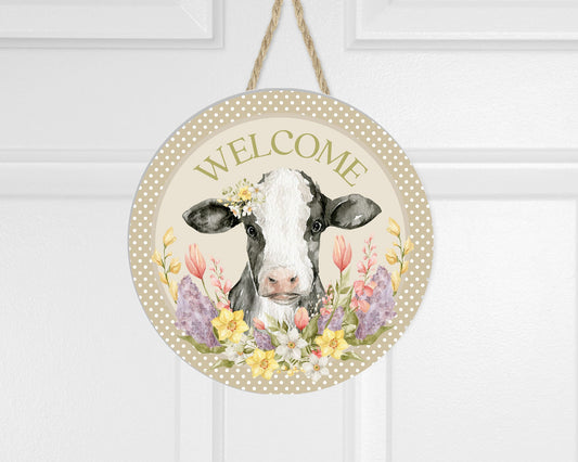 Welcome Spring Calf Round Printed Handmade Wood Sign Door Hanger