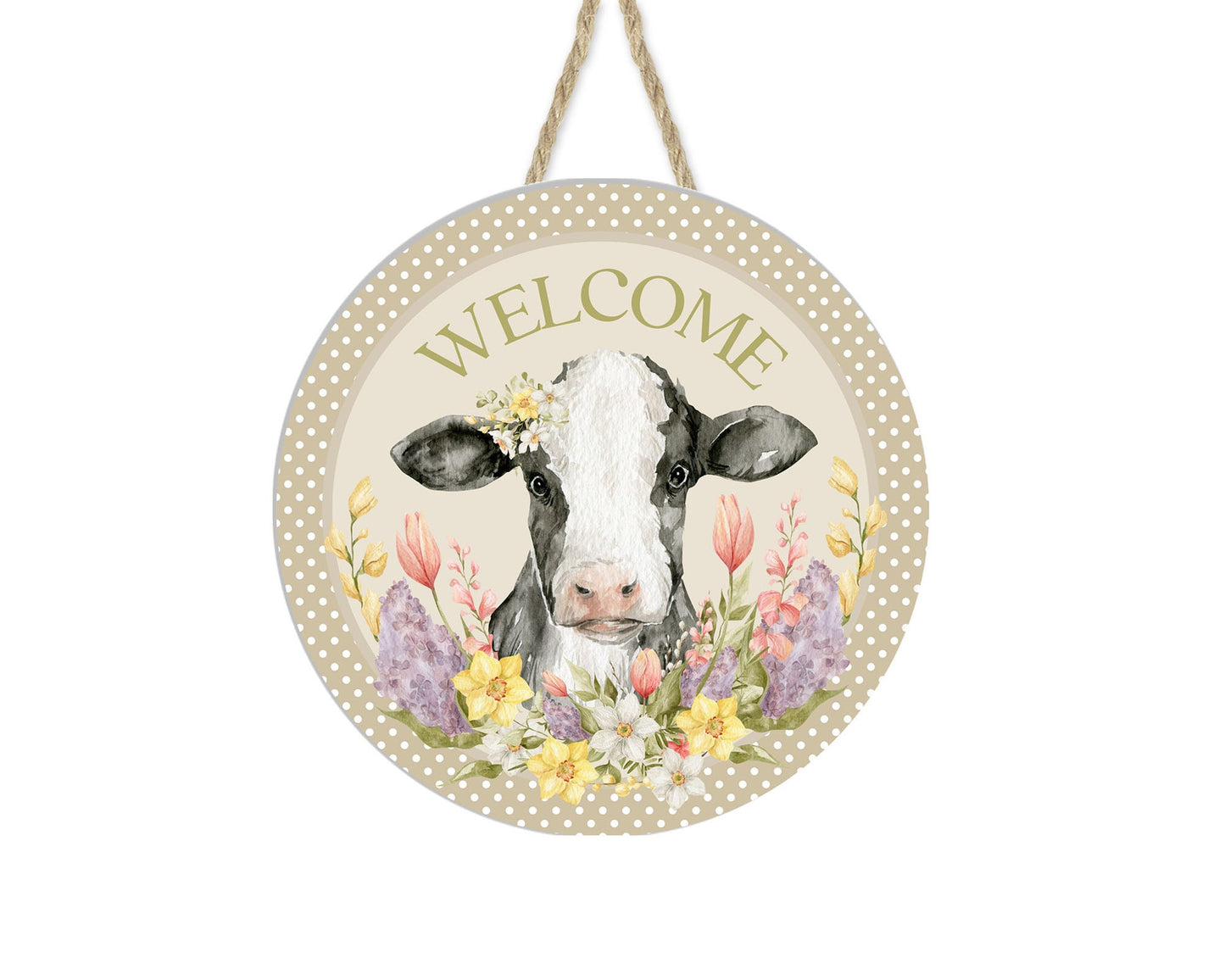 Welcome Spring Calf Round Printed Handmade Wood Sign Door Hanger