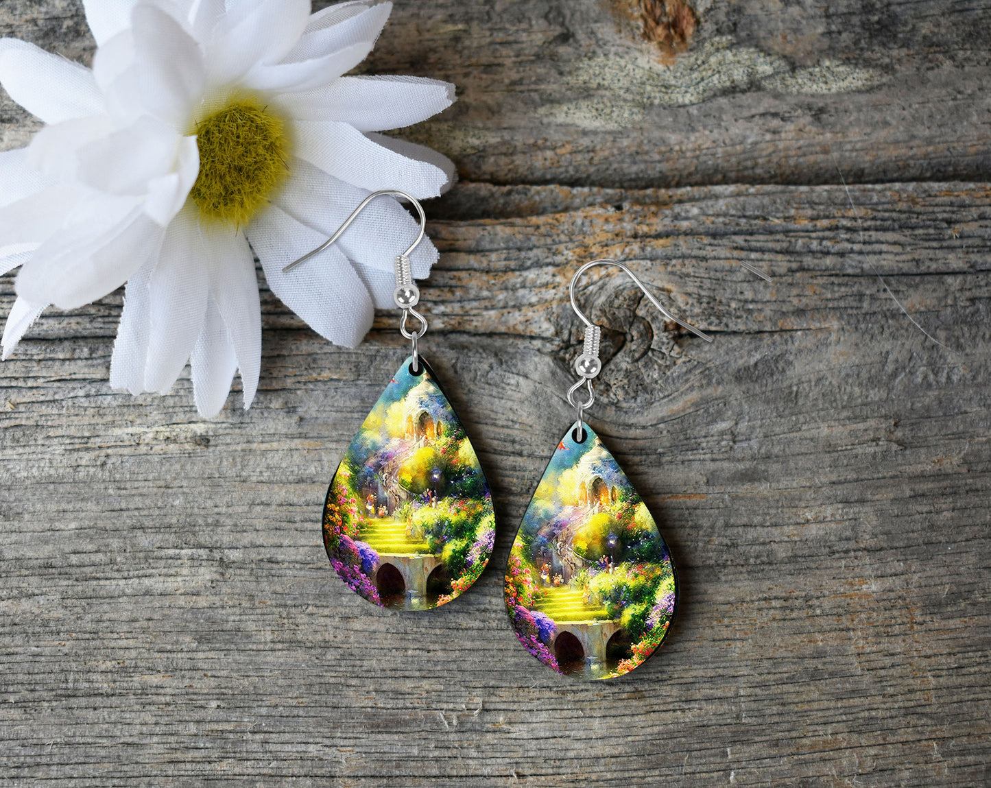 Ethereal Garden Tear Drop Dangle Printed Earrings Jewelry Handmade