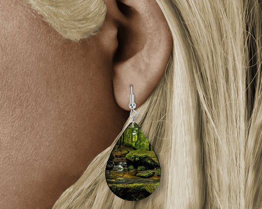 Forest Path Tear Drop Dangle Printed Earrings Jewelry Handmade