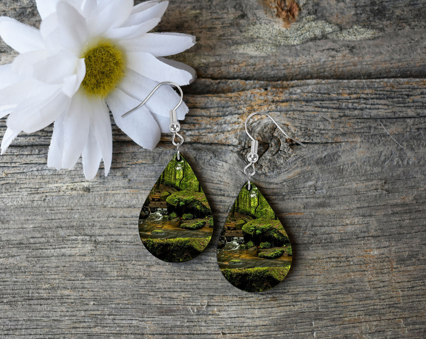 Forest Path Tear Drop Dangle Printed Earrings Jewelry Handmade