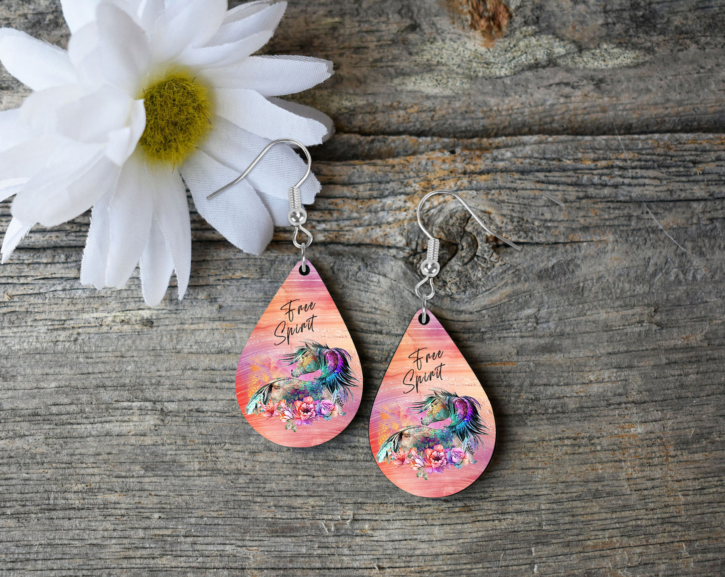 Free Spirit Horse Tear Drop Dangle Printed Earrings Jewelry Handmade