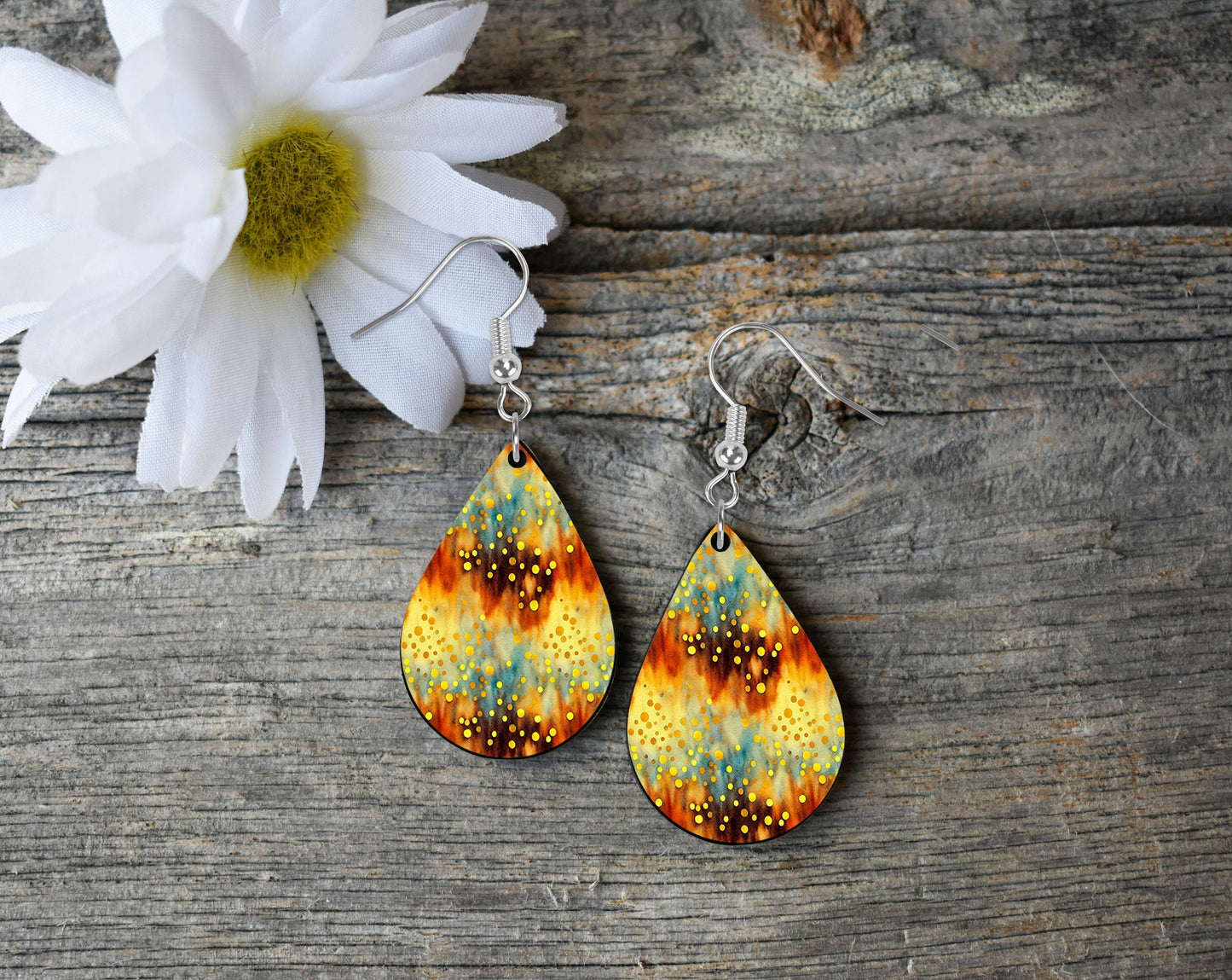 Golden Boho Tear Drop Dangle Printed Earrings Jewelry Handmade