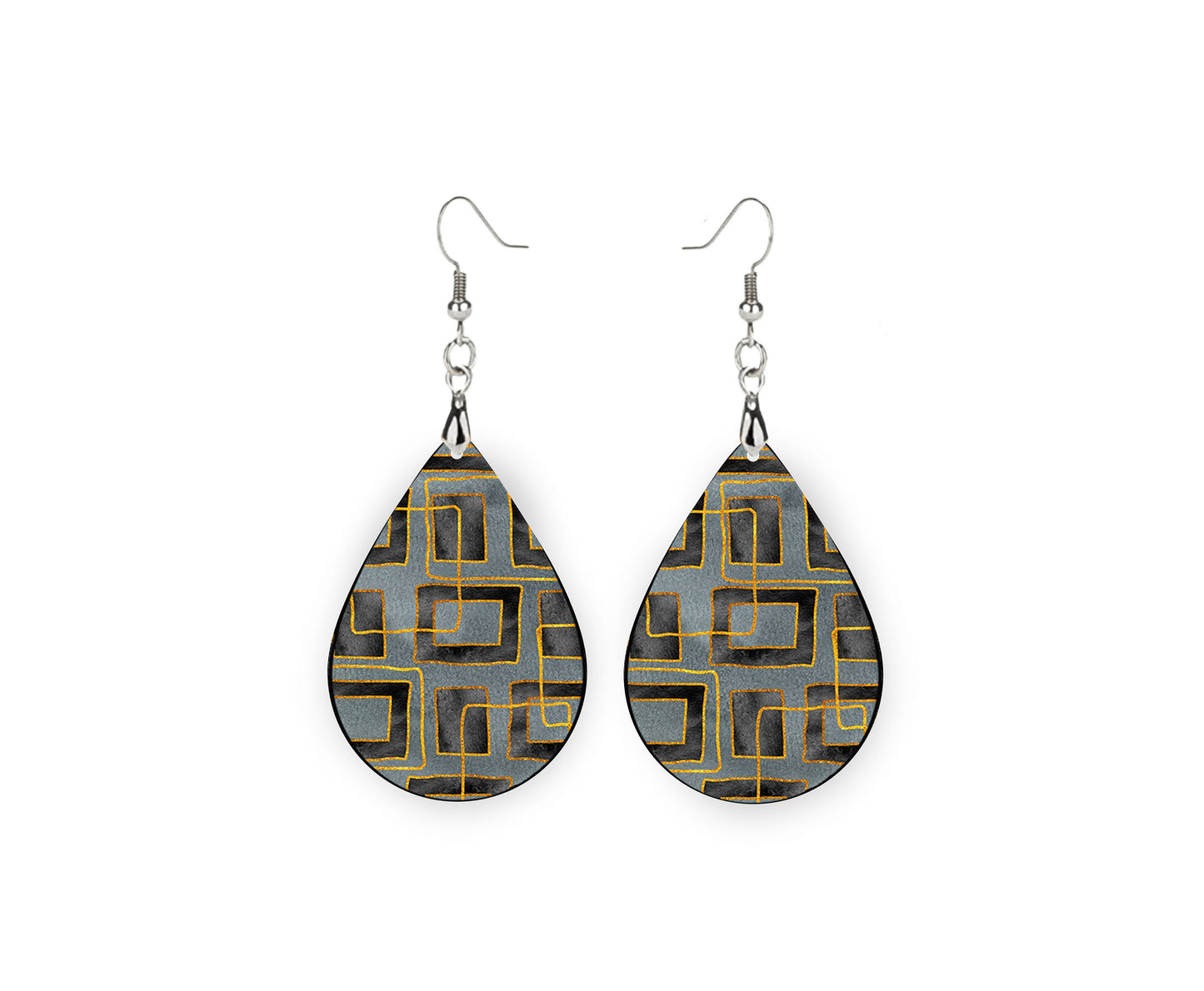 Gray Abstract Tear Drop Dangle Printed Earrings Jewelry Handmade