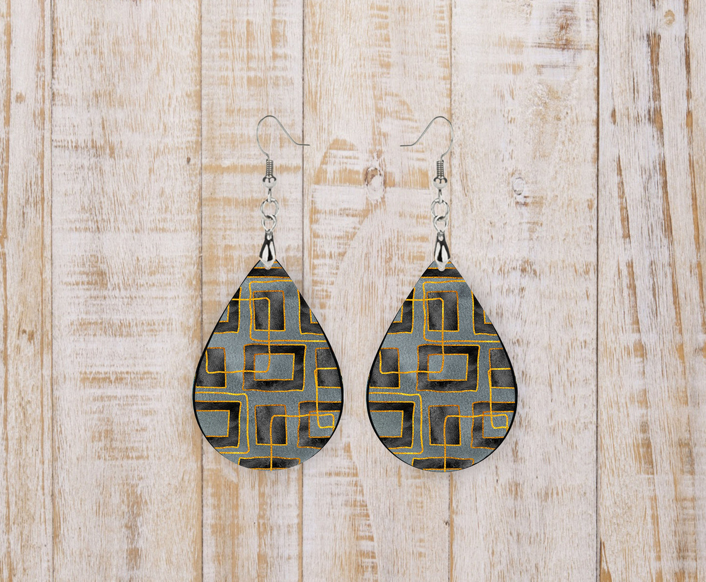 Gray Abstract Tear Drop Dangle Printed Earrings Jewelry Handmade