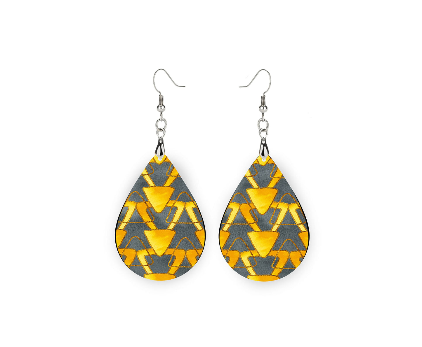 Gray and Yellow Abstract Tear Drop Dangle Printed Earrings Jewelry Handmade