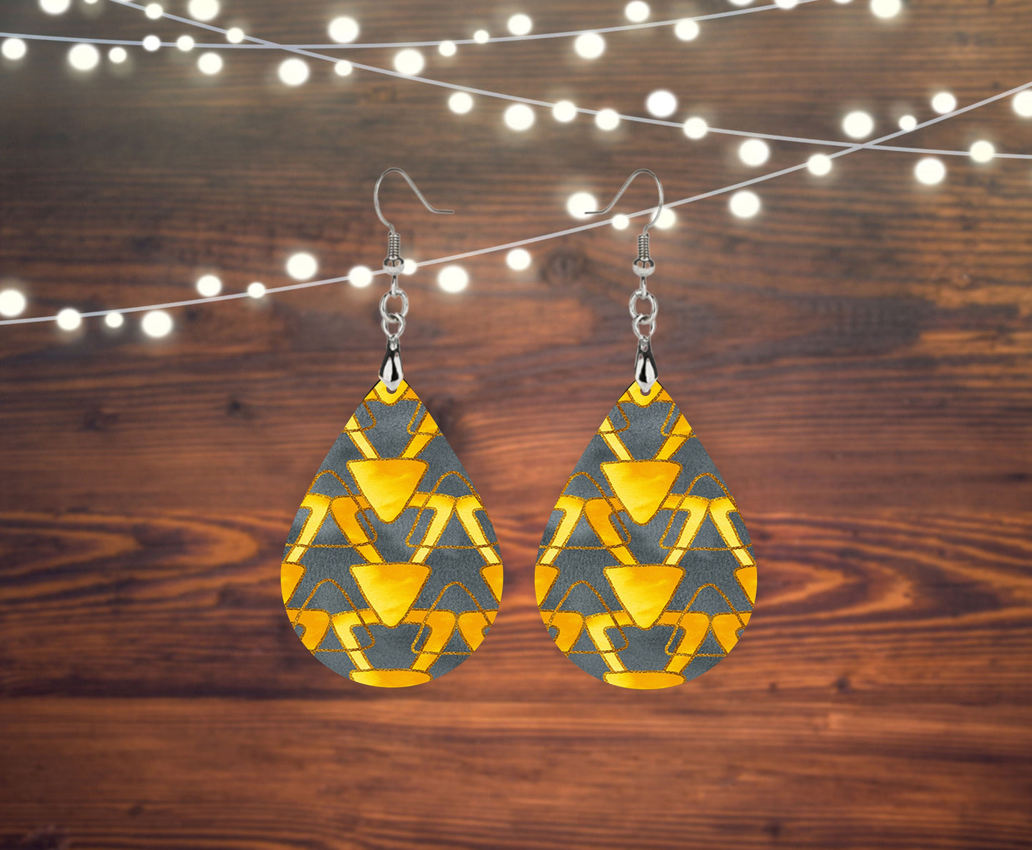 Gray and Yellow Abstract Tear Drop Dangle Printed Earrings Jewelry Handmade