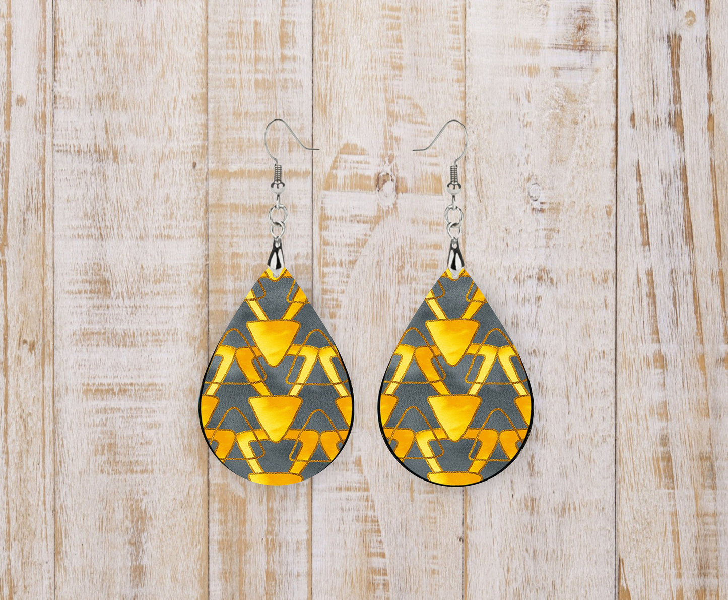 Gray and Yellow Abstract Tear Drop Dangle Printed Earrings Jewelry Handmade