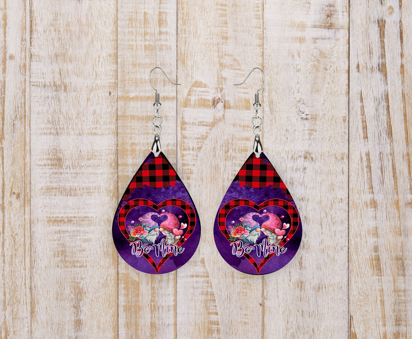 Set of Be Mine Gnomes Valentine's Day Tear Drop Printed Earrings