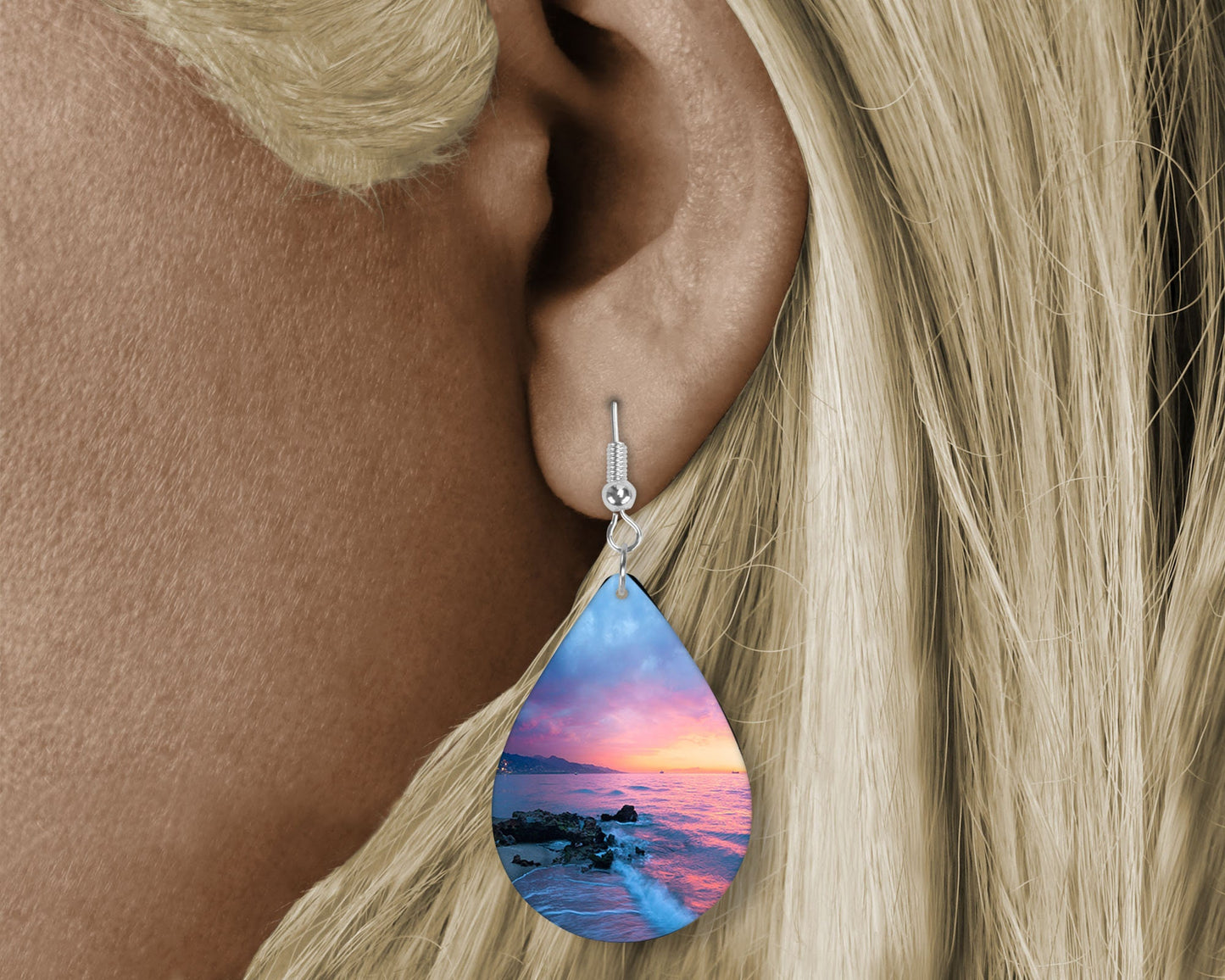 Set of Beach Sunset Tear Drop Dangle Printed Earrings