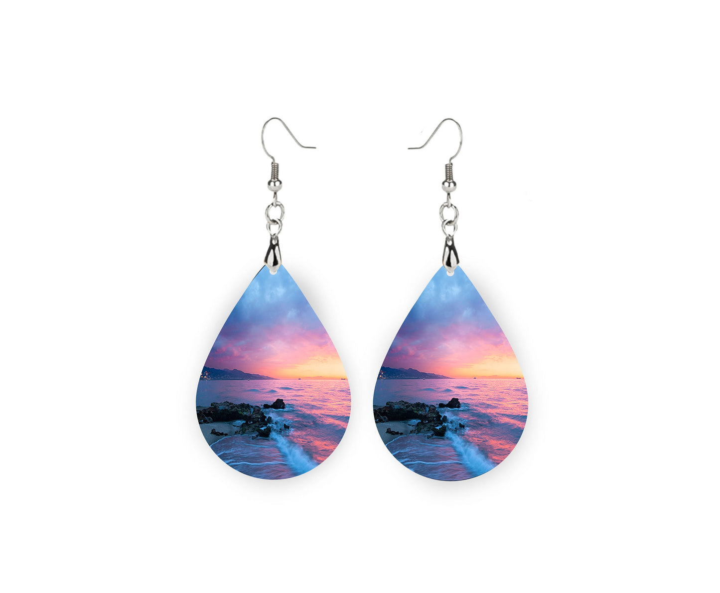 Set of Beach Sunset Tear Drop Dangle Printed Earrings