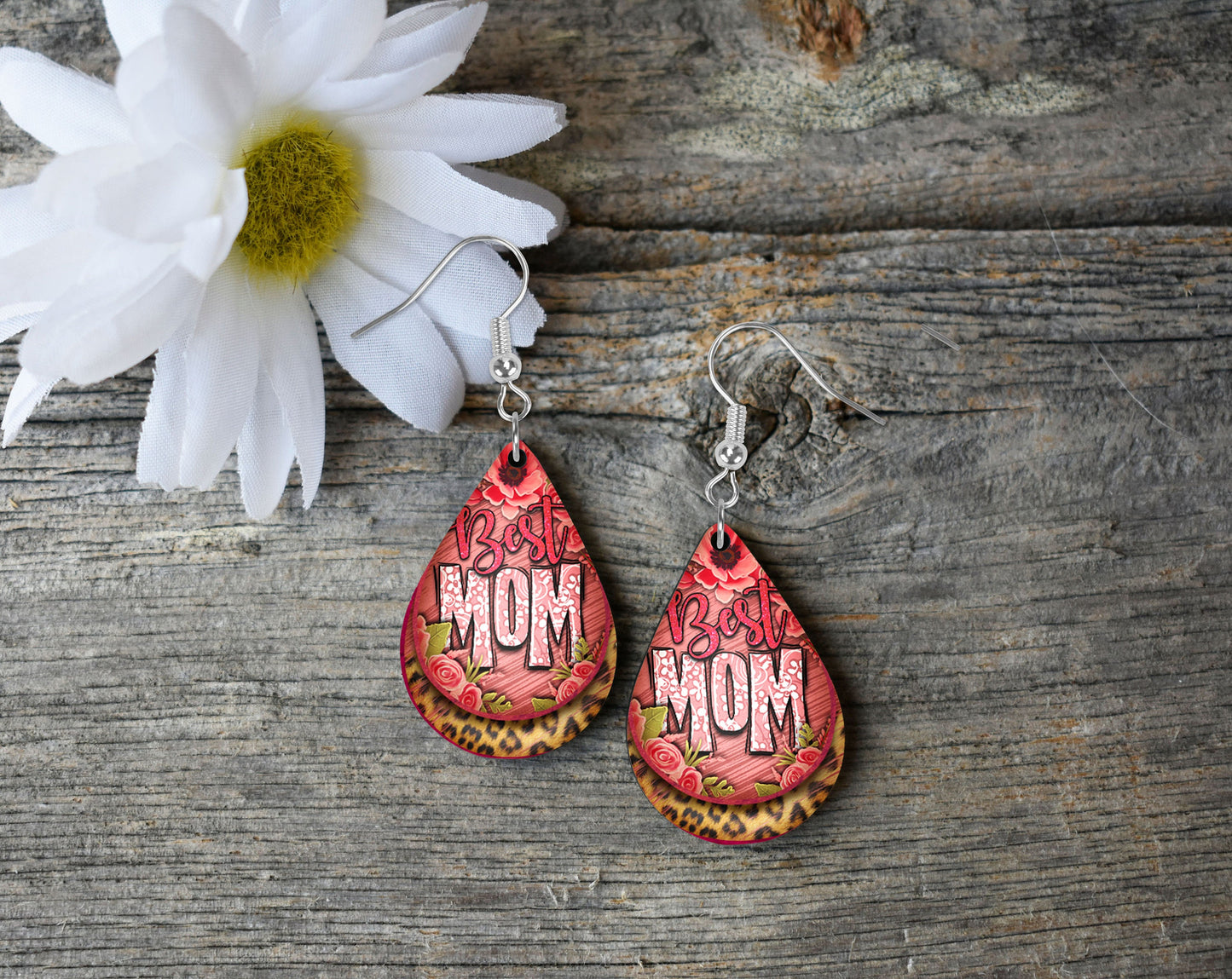 Set of Best Mom Western Tear Drop Dangle Printed Earrings