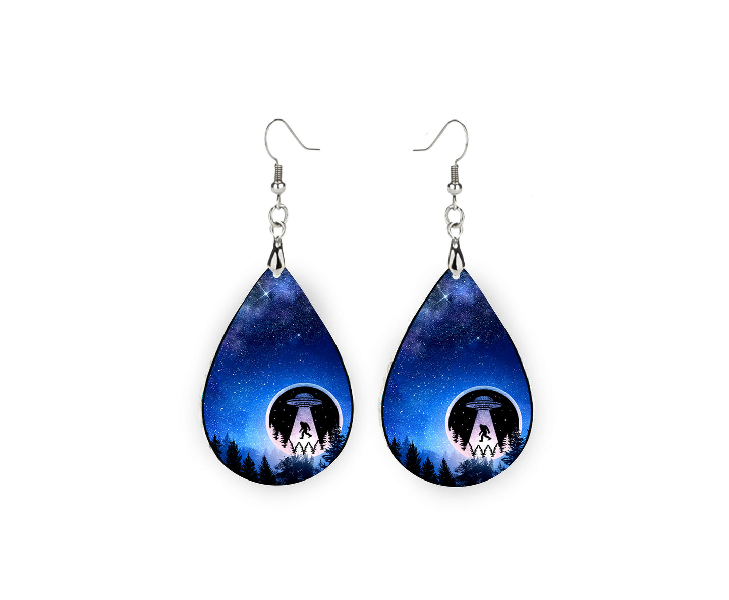 Set of Bigfoot Abduction Tear Drop Dangle Printed Earrings