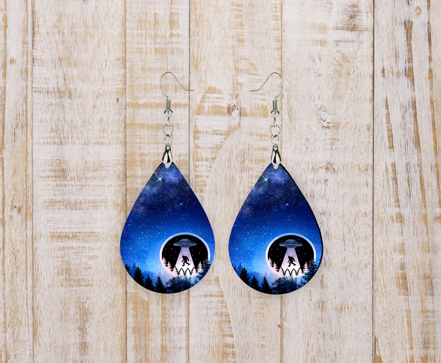 Set of Bigfoot Abduction Tear Drop Dangle Printed Earrings