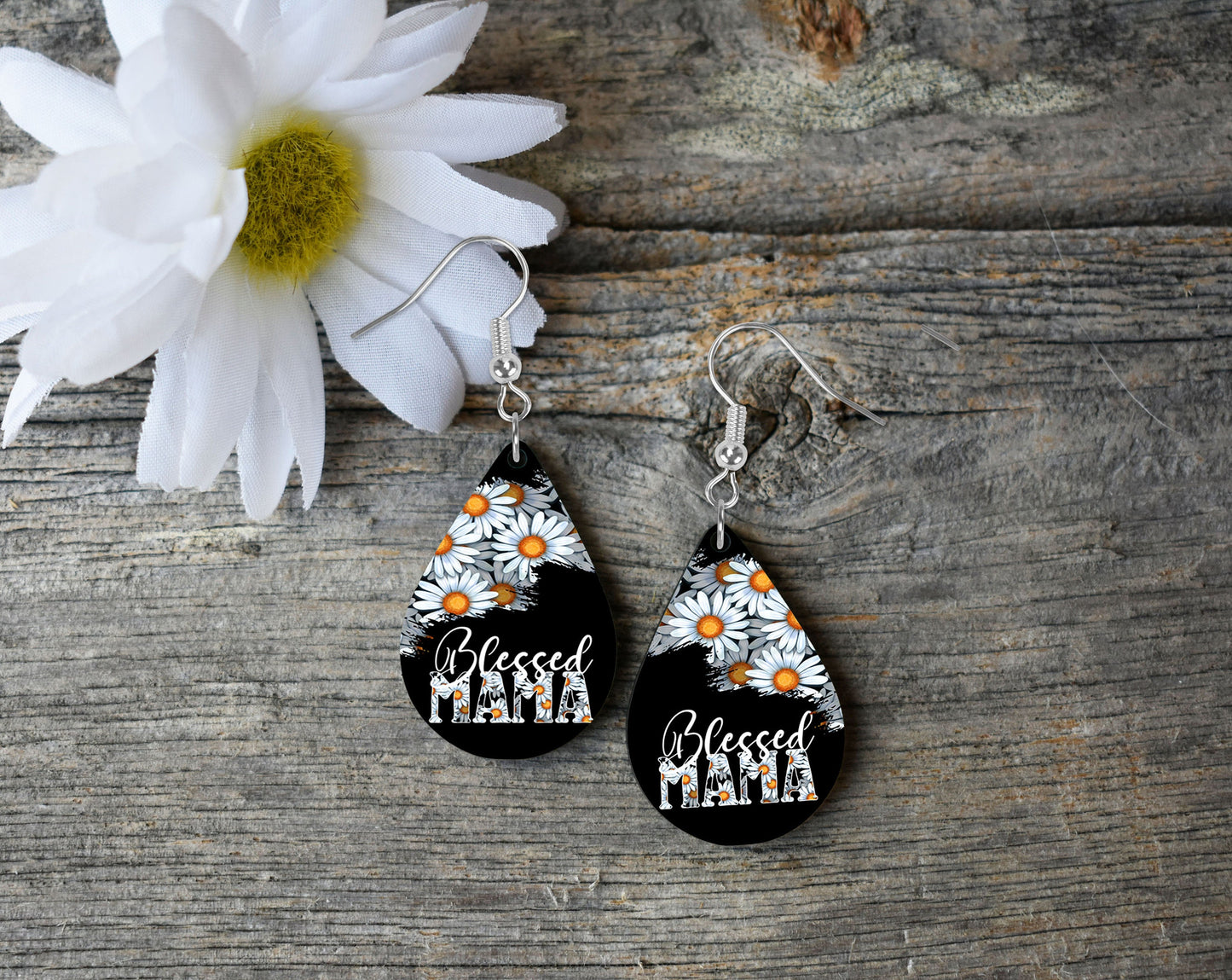 Set of Blessed Mama Daisy Tear Drop Dangle Printed Earrings