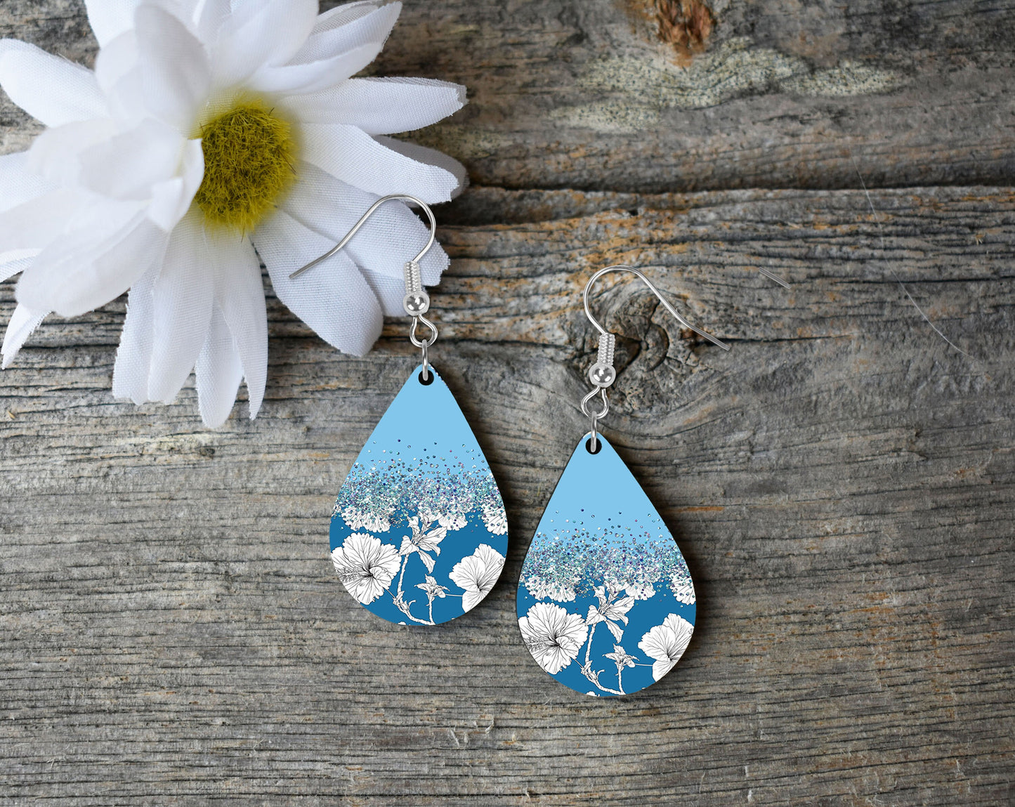 Set of Blue Floral Tear Drop Dangle Printed Earrings