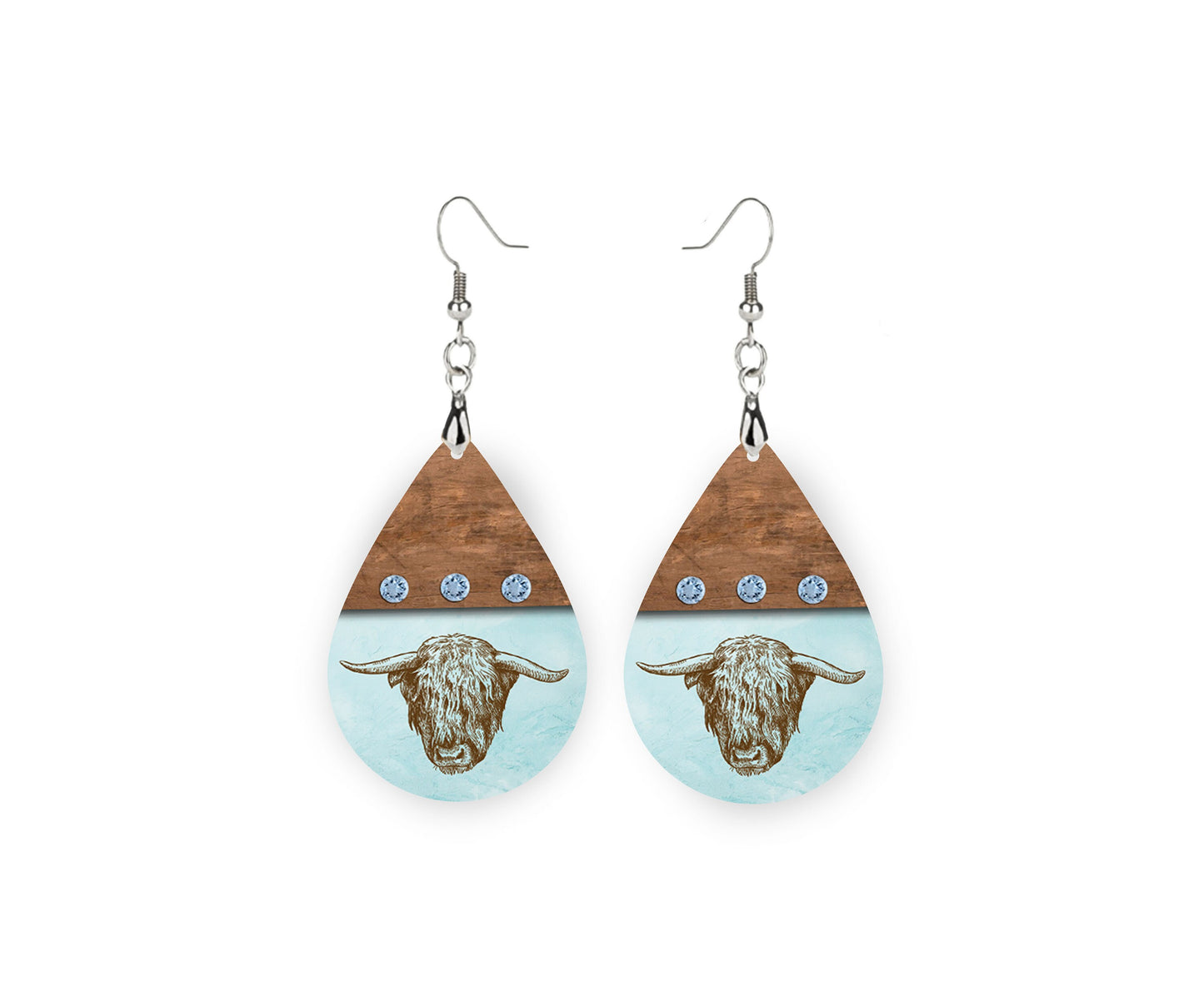 Set of Blue Highland Cow Tear Drop Dangle Printed Earrings