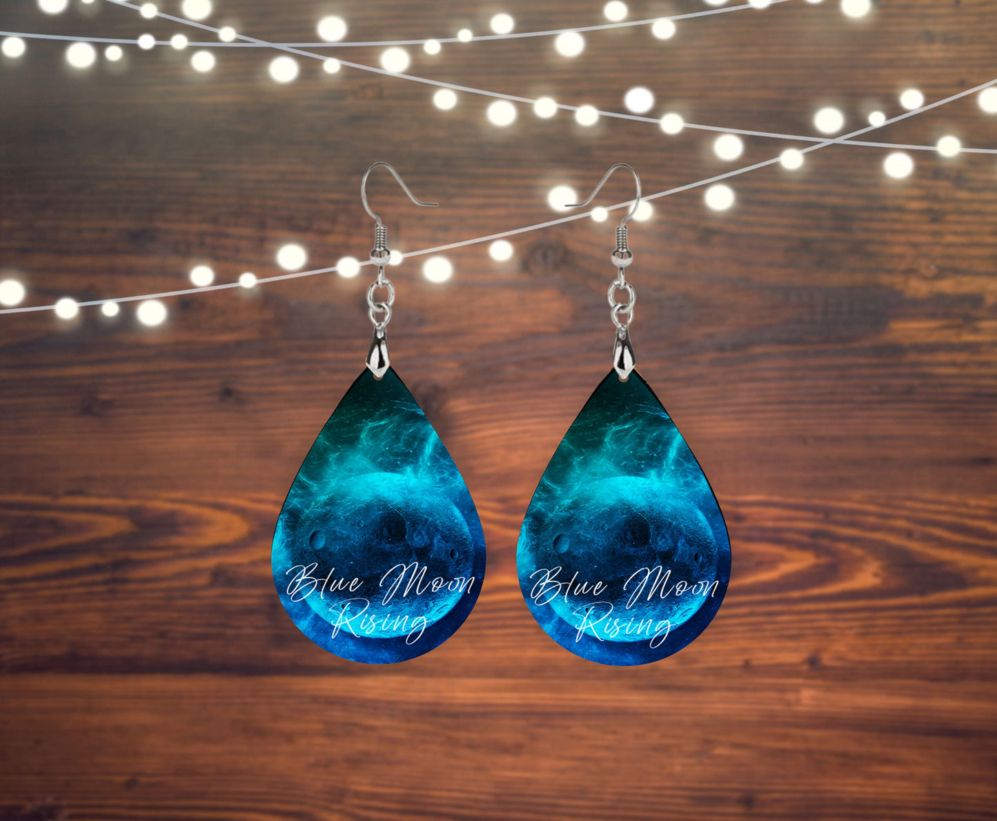 Set of Blue Moon Rising Tear Drop Dangle Printed Earrings