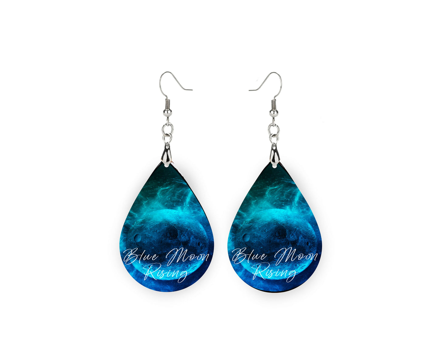 Set of Blue Moon Rising Tear Drop Dangle Printed Earrings