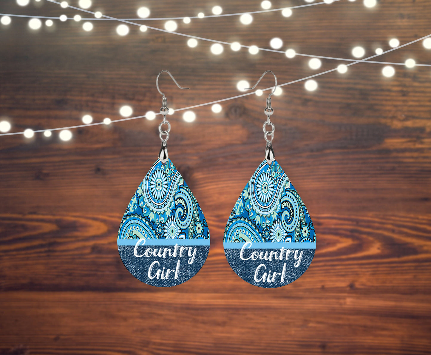 Blue Paisley Country Girl Tear Drop Dangle Printed Earrings