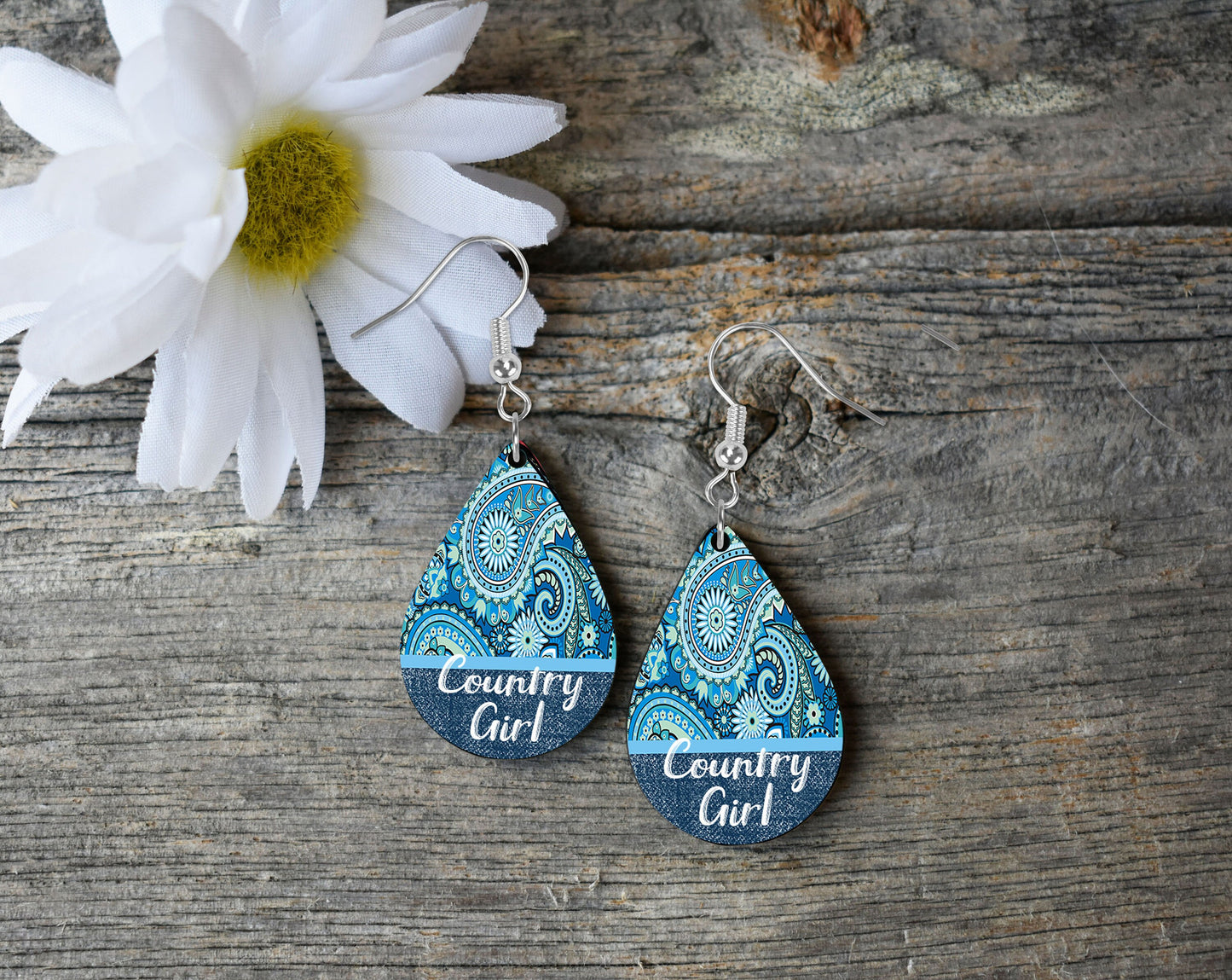 Blue Paisley Country Girl Tear Drop Dangle Printed Earrings