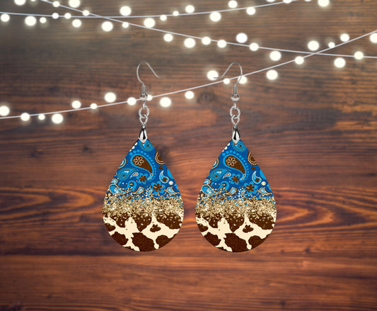 Blue Paisley Cowhide Tear Drop Dangle Printed Earrings Western Cowgirl Jewelry