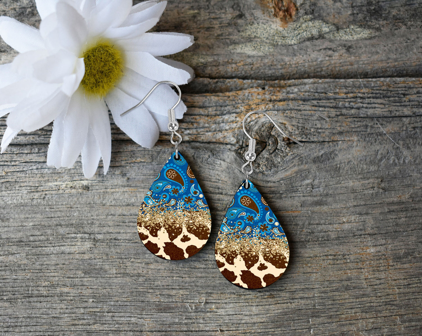 Blue Paisley Cowhide Tear Drop Dangle Printed Earrings Western Cowgirl Jewelry