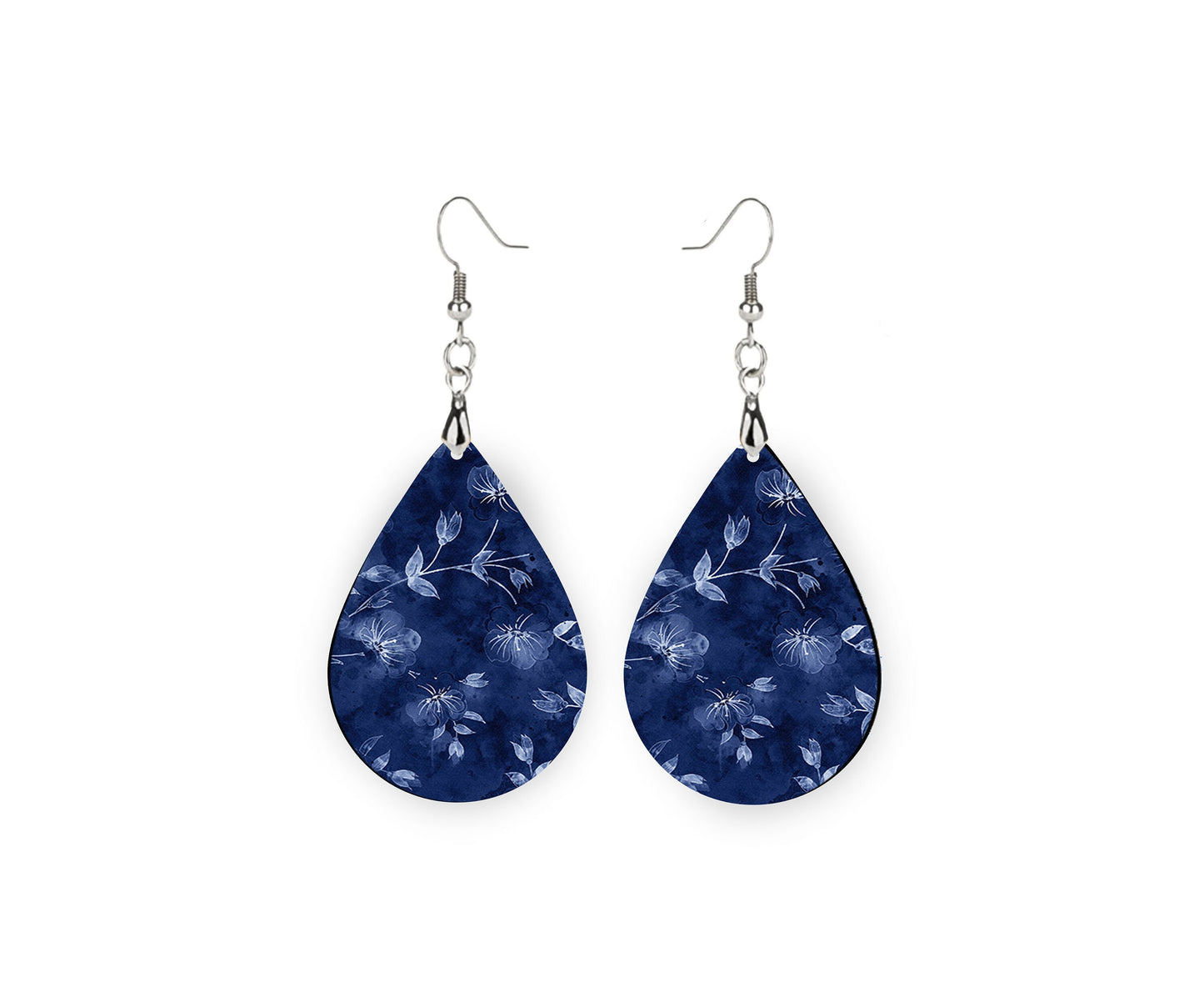 Blue Willow Floral Tear Drop Dangle Printed Earrings Blue White Flowers Jewelry