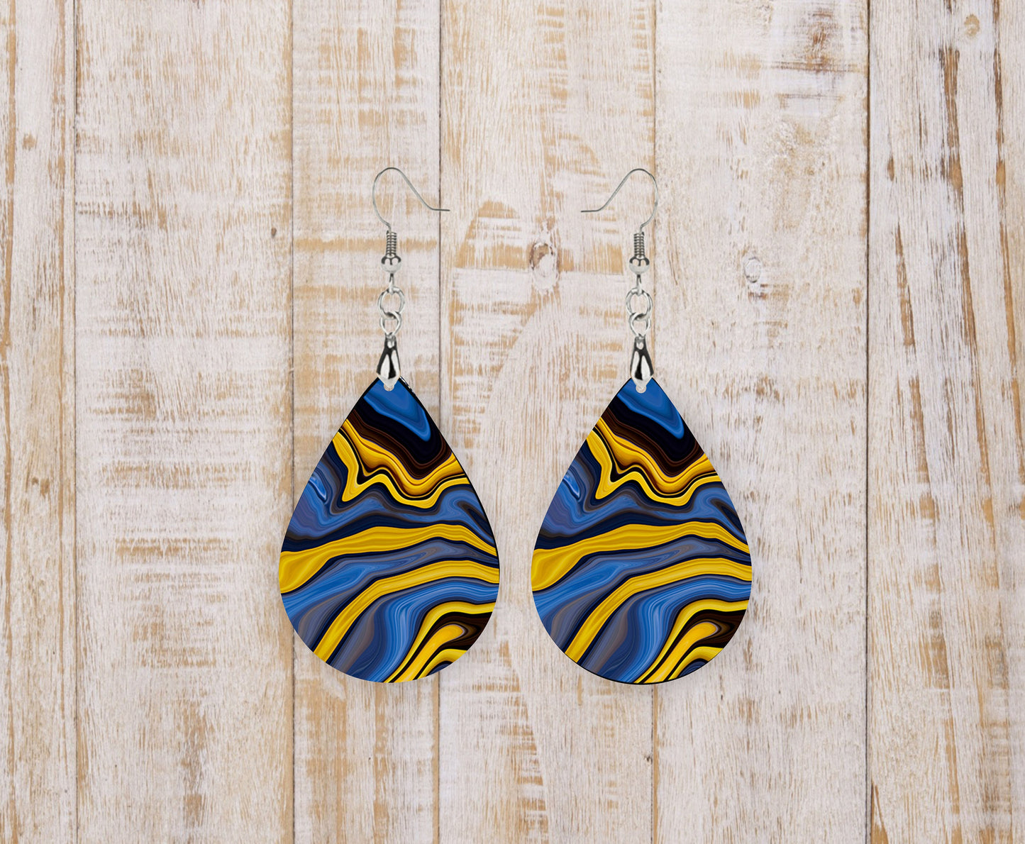 Blue and Yellow Agate Tear Drop Dangle Printed Earrings Swirl Marble Jewelry