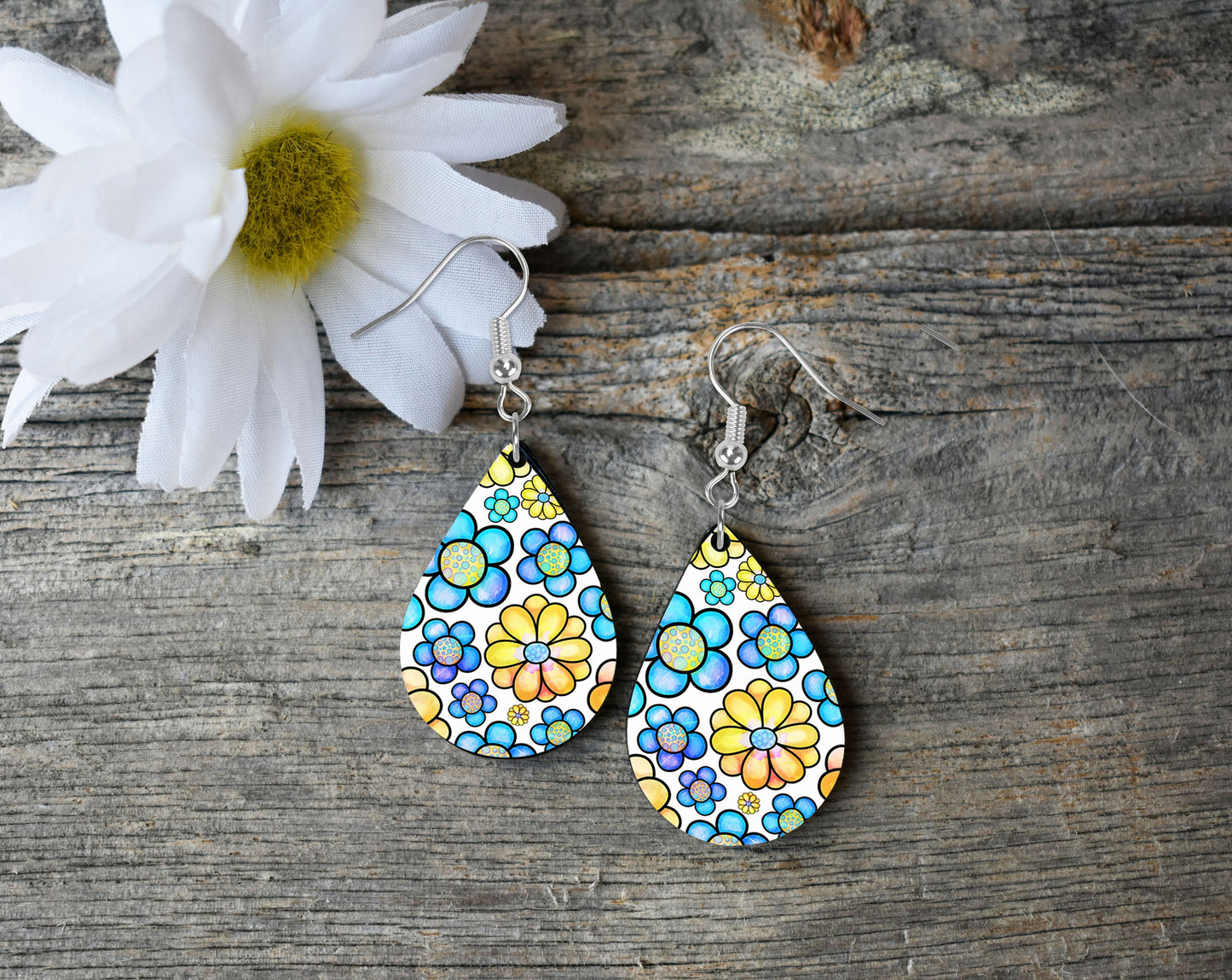 Blue and Yellow Daisy Tear Drop Dangle Printed Earrings Swirl Marble Jewelry