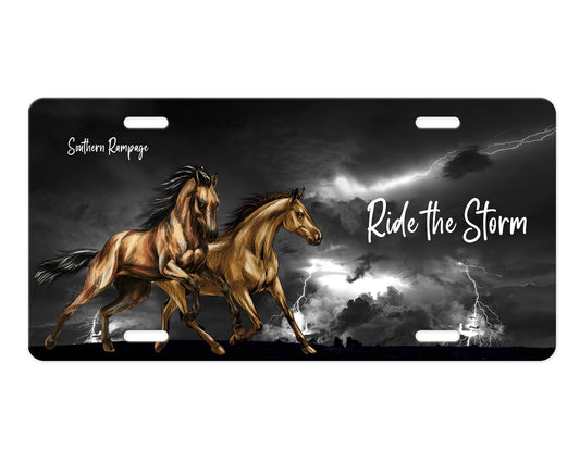 Ride the Storm Lightening Horses Aluminum Vanity License Plate Car Accessory Decorative Front Plate