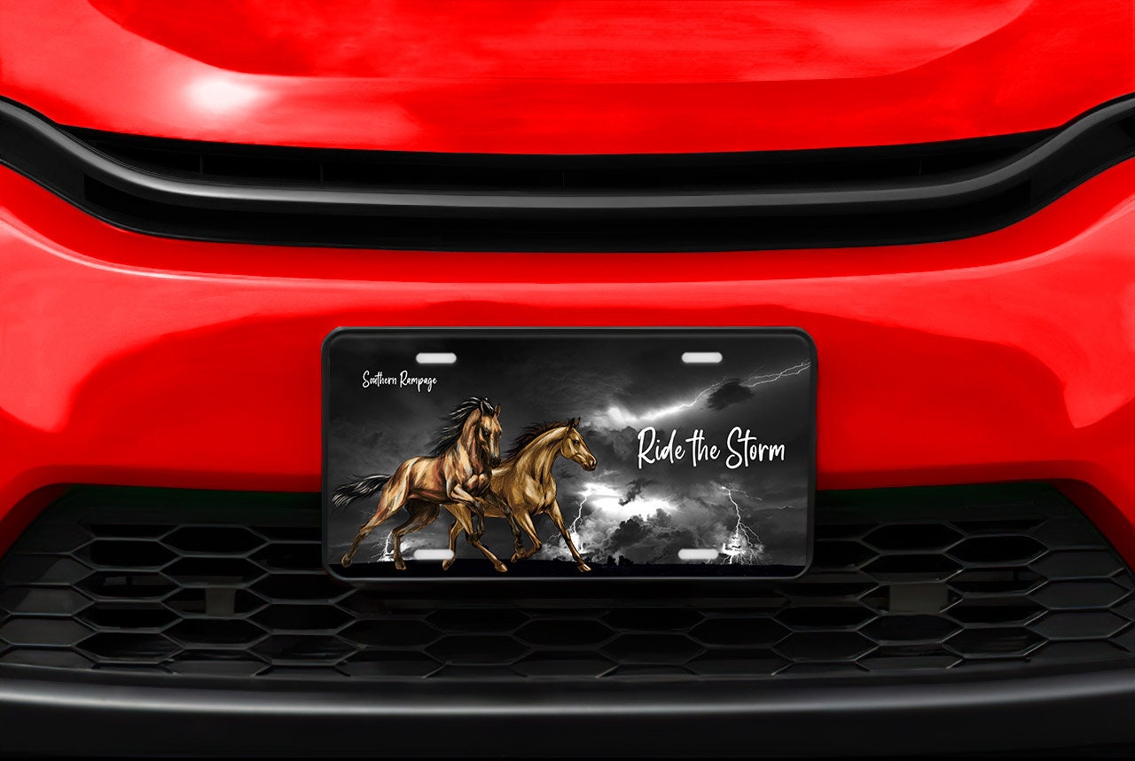 Ride the Storm Lightening Horses Aluminum Vanity License Plate Car Accessory Decorative Front Plate