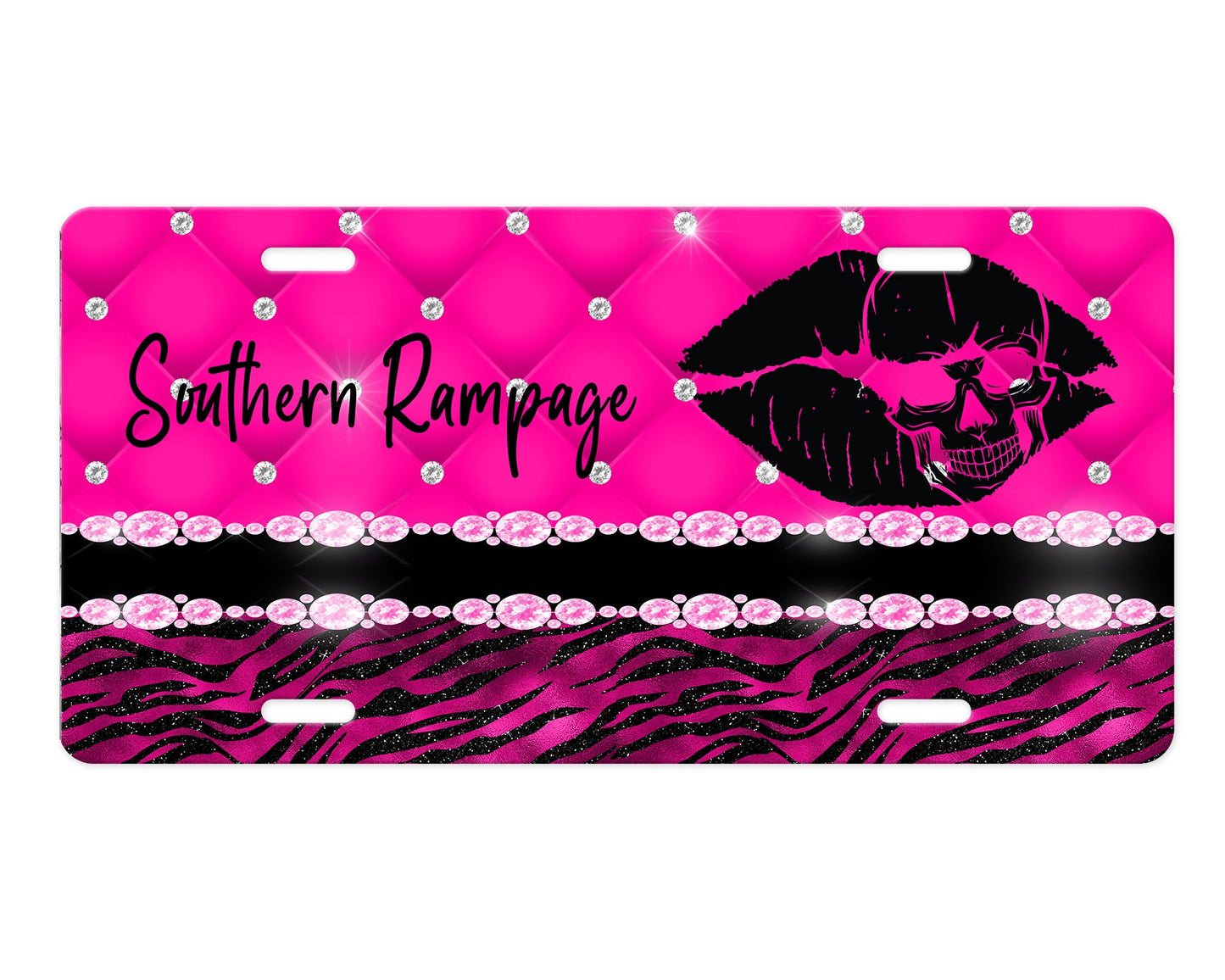 Southern Rampage Hot Pink Skull Lips Aluminum Vanity License Plate Car Accessory Decorative Front Plate